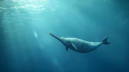 Fototapeta premium Enchanting narwhal swimming in a vast blue ocean, its horn glistening under the sunlight, while the distant shoreline fades into a dreamy blur