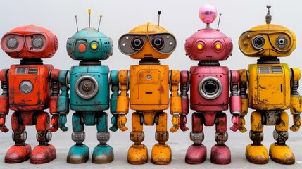 a group of multicolored robot figurines standing next to each other in front of a white background.