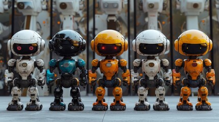 a group of robots standing next to each other in front of a wall with a bunch of mirrors behind them.