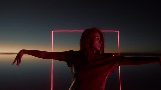 Salt Flats of Bolivia and a redhead dancer in front of a neon rectangle