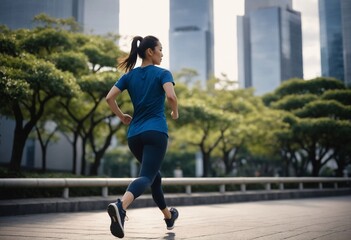 Japanese woman in her 30s enjoying a morning run in a vibrant city, Capturing the determination of an Asian runner in motion wearing sports clothes - obrazy, fototapety, plakaty