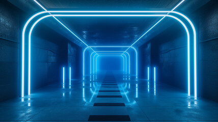 Cyber Futuristic Neon Laser Blue VIbrant Line Lights On Alien Modern Hall Stage Podium Tunnel Corridor Metal Concrete Made Garage 3D Rendering