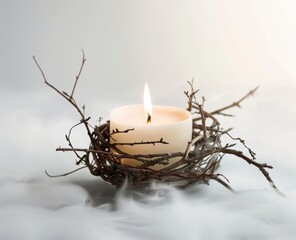 candle in a nest of branches with fog.