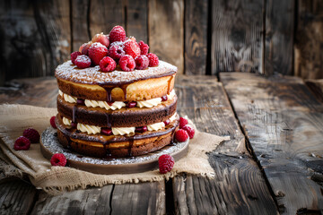 Sweet delicious spongy layered cake with raspberries decor on wooden background - obrazy, fototapety, plakaty