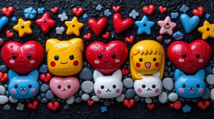 a group of heart shaped candies sitting next to each other on a black surface with hearts and stars around them.