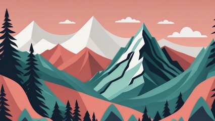 Mountain landscape with trees in flat style. Hand drawn illustration for design. 