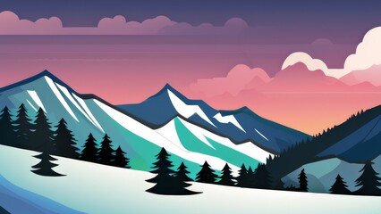 Stylized hand drawn illustration of a winter landscape of mountainous nature. 