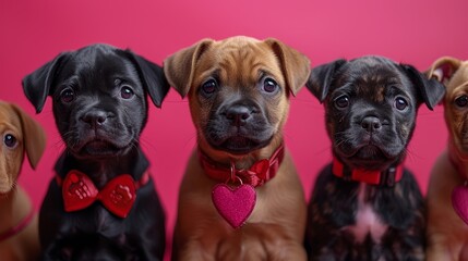 a group of puppies sitting next to each other in front of a pink background with hearts on their collars.