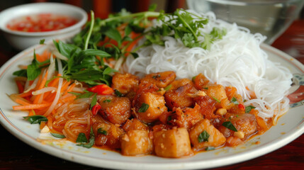 Fototapeta premium Authentic vietnamese rice noodle dish with tofu and vegetables