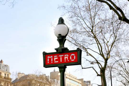 Antique subway sign at the entrance to the Paris Metro. Paris, France