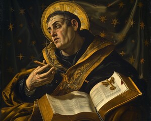 Saint Thomas Aquinas intellectual brilliance shines through in a modern interpretation, blending theology and philosophy with innovative imagery, 8K