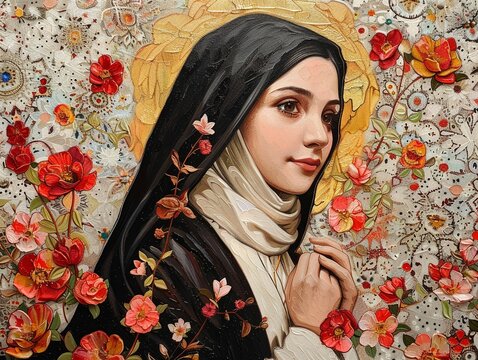 Saint Therese of Lisieuxs simple yet profound spirituality is depicted in a contemporary painting, radiating love and humility, super detailed