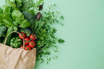 Fresh food is poured out from an ecological paper bag on a green background. Concept of nutrition and healthy lifestyle. Ideal for food blogs. AI - obrazy, fototapety, plakaty
