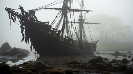 Obraz premium An eerie, haunted shipwreck on a foggy sea