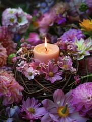 Obraz na płótnie Canvas candle in a nest with flowers.