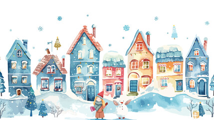 Winter town Christmas snow houses and angel girl. Han