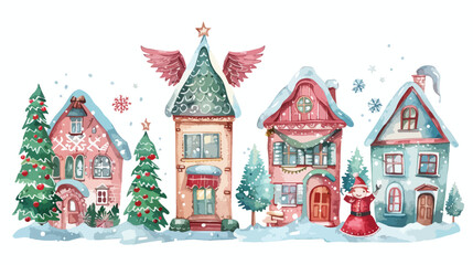 Fototapeta na wymiar Winter town Christmas snow houses and angel girl. Han