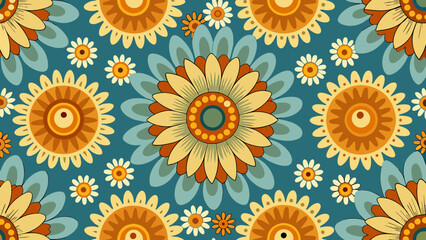 Fototapeta na wymiar pattern-seamless--vintage--groovy--retro--sunflower