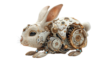 A charming 3D minimal steampunk rendering capturing the whimsy of a robotic rabbit with  steam-powered propulsion and ornate brass embellishments, adding a touch of nostalgia and innovation 