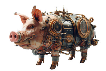 A delightful 3D minimal steampunk illustration presenting a robotic pig with steam-powered locomotion and industrial cogwheels, evoking a sense of whimsy and charm against a simple white background,  - obrazy, fototapety, plakaty