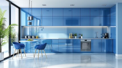 Sleek Blue Kitchen Interior with Modern Furniture