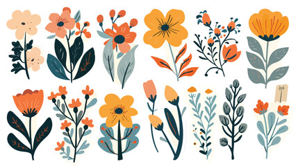 Cartoon set of flat floral stickers. Vector illustration