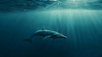Fototapeta premium Majestic blue whale gliding through the ocean depths, surrounded by a shimmering blue expanse with subtle waves, offering a serene backdrop for copy space