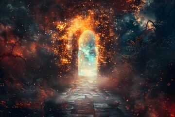 Ethereal Doorway Leading to Narrative Realms of Mystical Introspection and Universal Symbols - obrazy, fototapety, plakaty