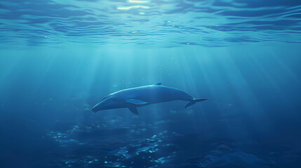 Fototapeta premium Majestic blue whale gliding through the ocean depths, surrounded by a shimmering blue expanse with subtle waves, offering a serene backdrop for copy space