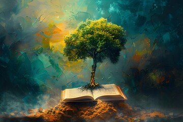 Tree of Knowledge Botanical Literacy Blooms from Literary Roots in Surreal Dreamscape - obrazy, fototapety, plakaty