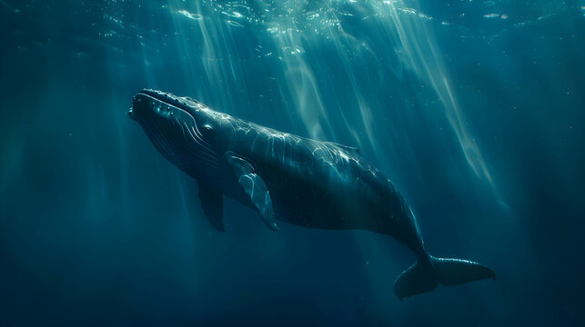 Majestic bowhead whale gracefully gliding through the deep blue ocean, with a mesmerizing blurred underwater world as its backdrop