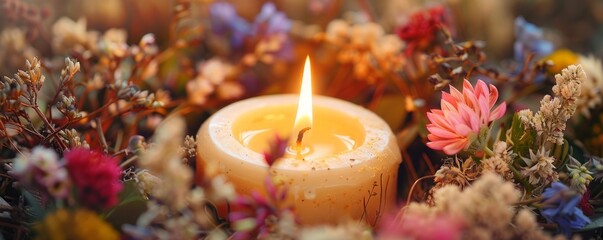 Obraz na płótnie Canvas candle in a wreath of dried flowers.