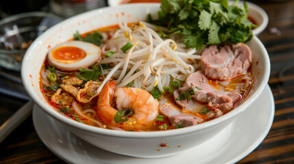 Delectable vietnamese pho with shrimp and pork