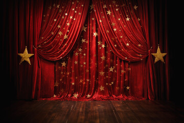 Red curtain with gold stars in a theater - stage clear.
