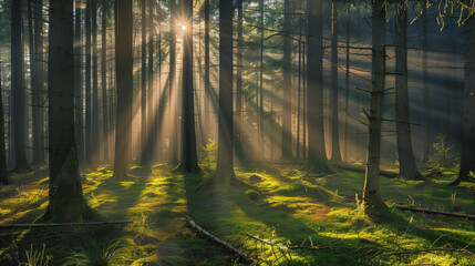 Forest Sunbeam Serenity. Sunrays piercing through a vibrant forest scene - obrazy, fototapety, plakaty