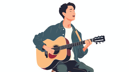 Young man playing guitar and sings a song. vector illustration