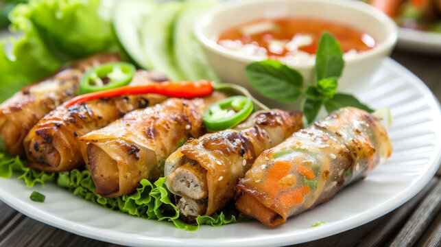Traditional vietnamese spring rolls on plate