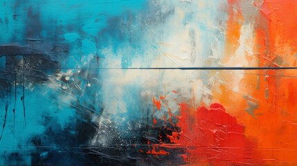 An abstract painting with vibrant blue, orange, and red colors