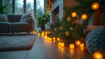 a living room with christmas lights on the floor and a christmas tree in the middle of the room with a couch in the background.