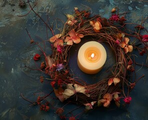 candle in a wreath of dried flowers.