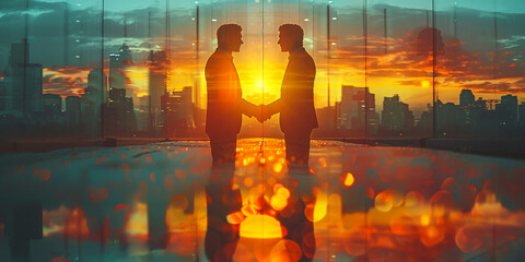 Double exposure of two businessman shaking hands with bokeh light city abstract backgrounds, business deals and congratulations on success concept.