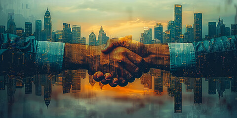 Double exposure of two businessman shaking hands with bokeh light city abstract backgrounds, business deals and congratulations on success concept. - obrazy, fototapety, plakaty