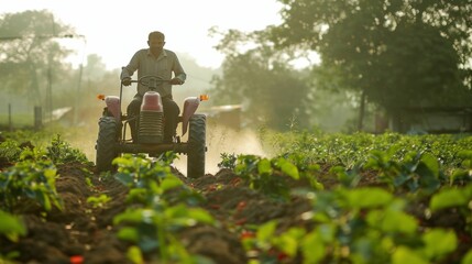 Man on tractor plowing through lush green field of plants in early morning light
