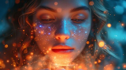 Fototapeta premium a woman with her eyes closed holding a glass in front of her face and a star filled sky in the background.