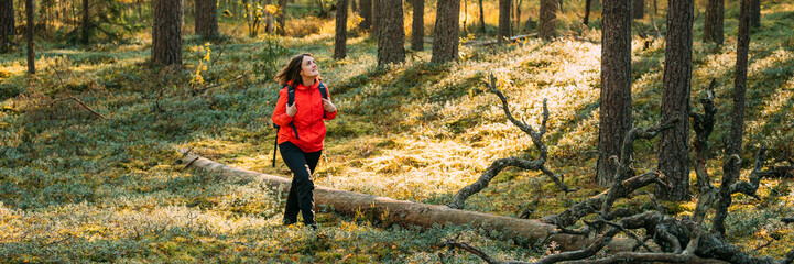 Active Young Beautiful Caucasian Lady Woman Backpacker In Red Jacket Walking In Autumn Green Forest. Active Lifestyle In Fall Age Nature During Sunset.