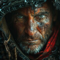 Close-up portrait of a tired warrior