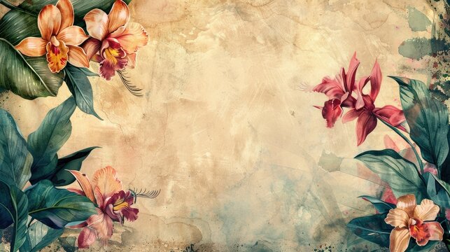 Ethereal Watercolor Framed Tropical Orchid Botanical Border with Exotic Birds of Paradise
