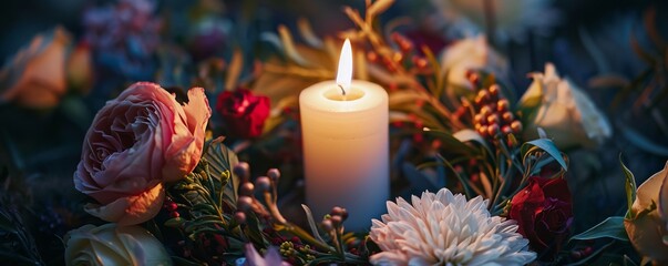 candle in a wreath of flowers.
