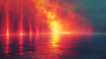 Fototapeta premium a painting of a sunset over a body of water with a city in the distance and red and yellow clouds in the sky.