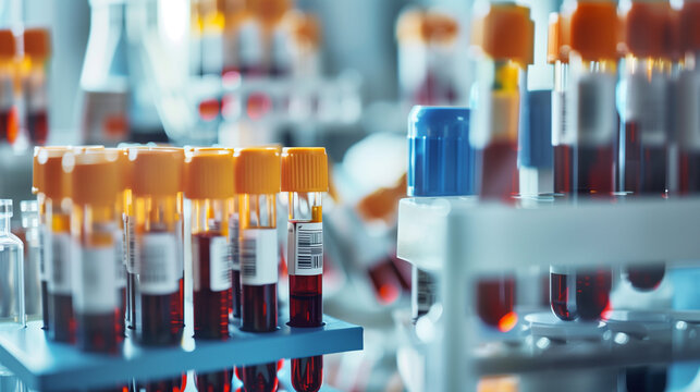 Close-up of test tubes with blood samples in a clinical laboratory